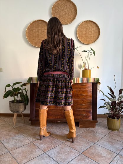 1970's vintage burgundy and black velvet drop waist dress with grey and mustard floral print