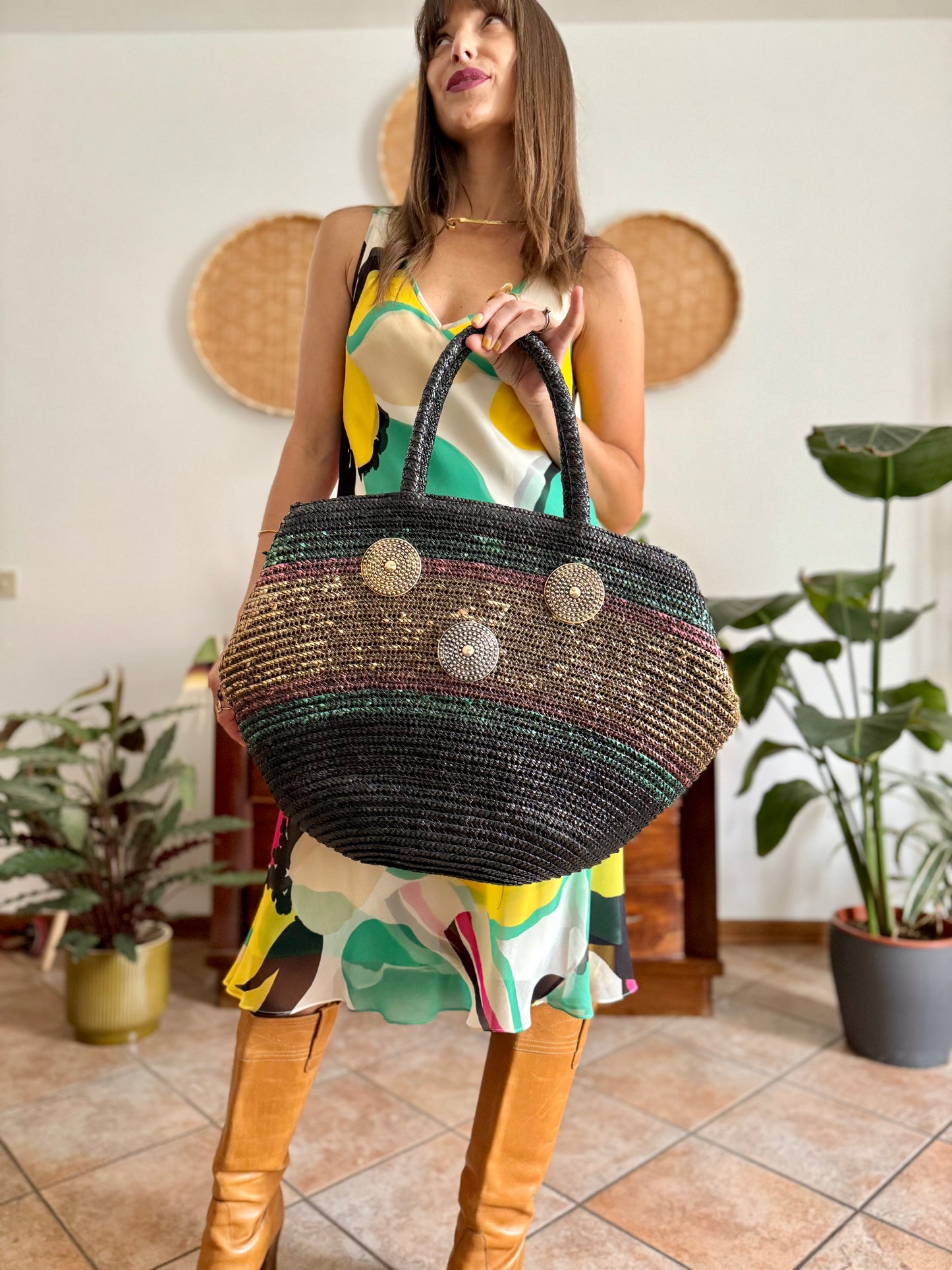 1970's vintage black, green and pink stripe Ratan hand bag with metallic detailing