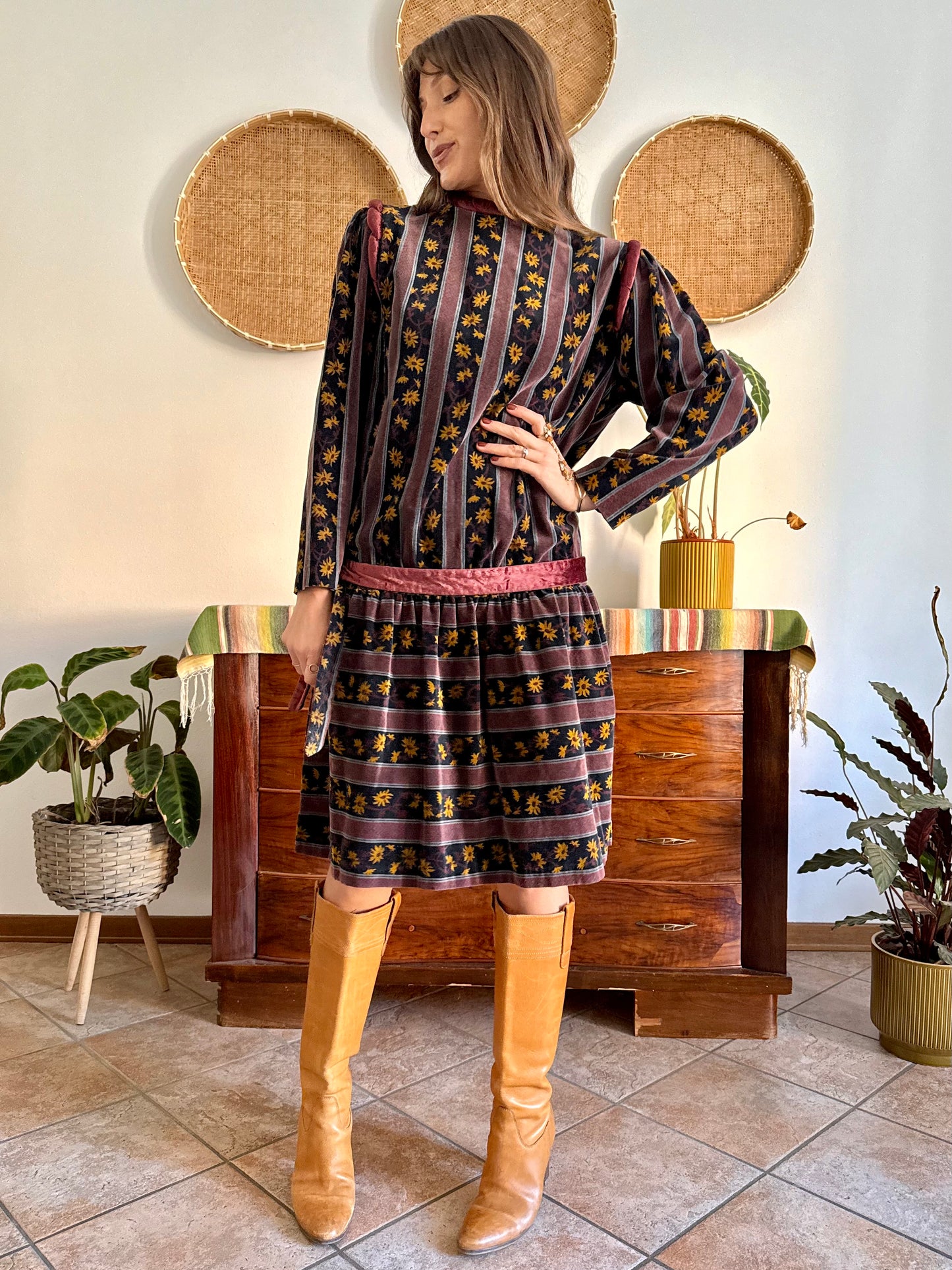 1970's vintage burgundy and black velvet drop waist dress with grey and mustard floral print