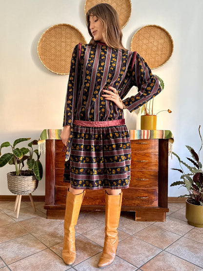 1970's vintage burgundy and black velvet drop waist dress with grey and mustard floral print