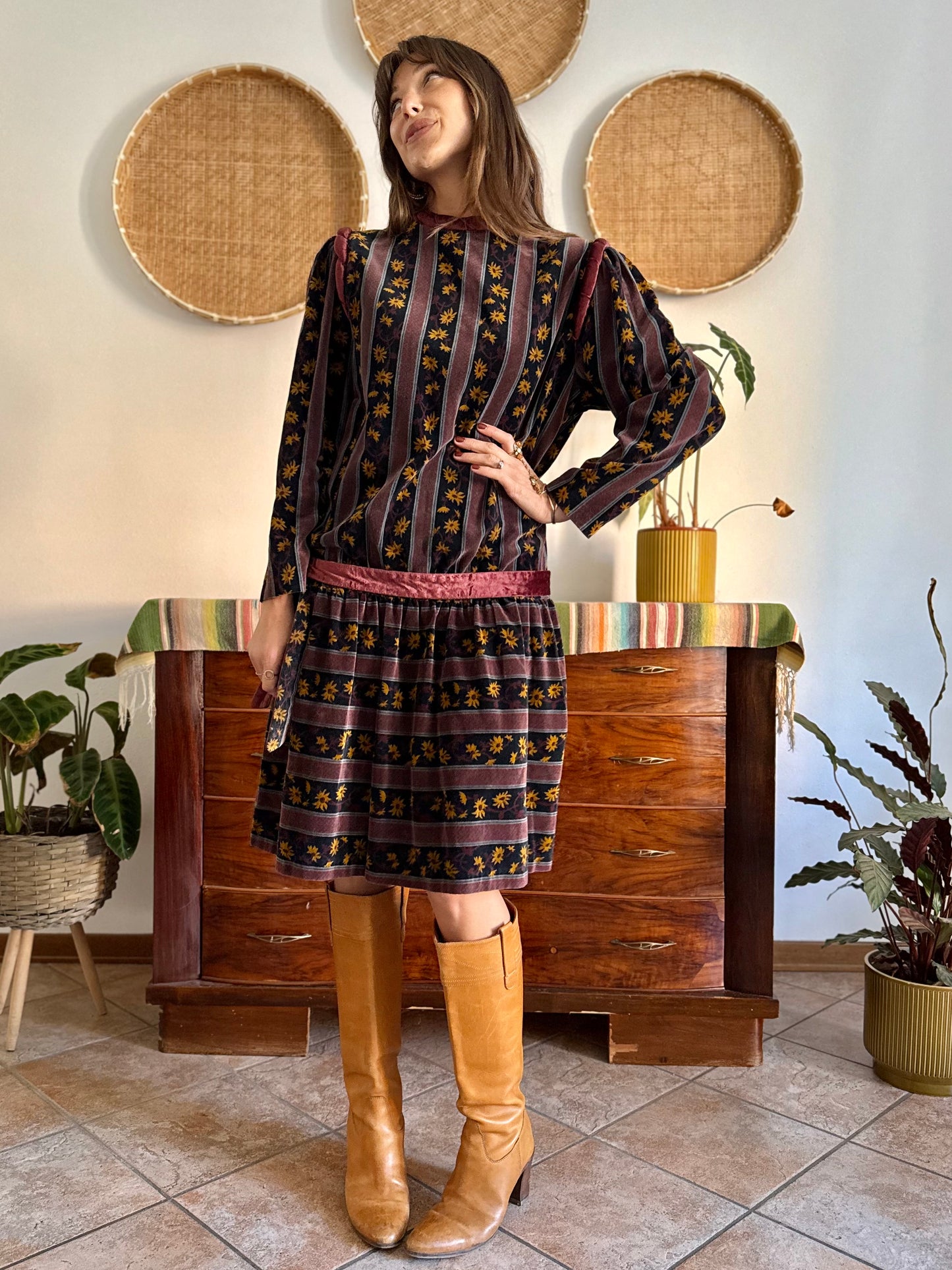 1970's vintage burgundy and black velvet drop waist dress with grey and mustard floral print
