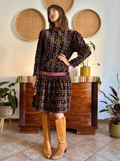 1970's vintage burgundy and black velvet drop waist dress with grey and mustard floral print