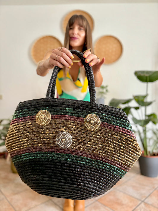 1970's vintage black, green and pink stripe Ratan hand bag with metallic detailing