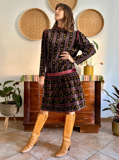 1970's vintage burgundy and black velvet drop waist dress with grey and mustard floral print