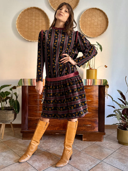 1970's vintage burgundy and black velvet drop waist dress with grey and mustard floral print