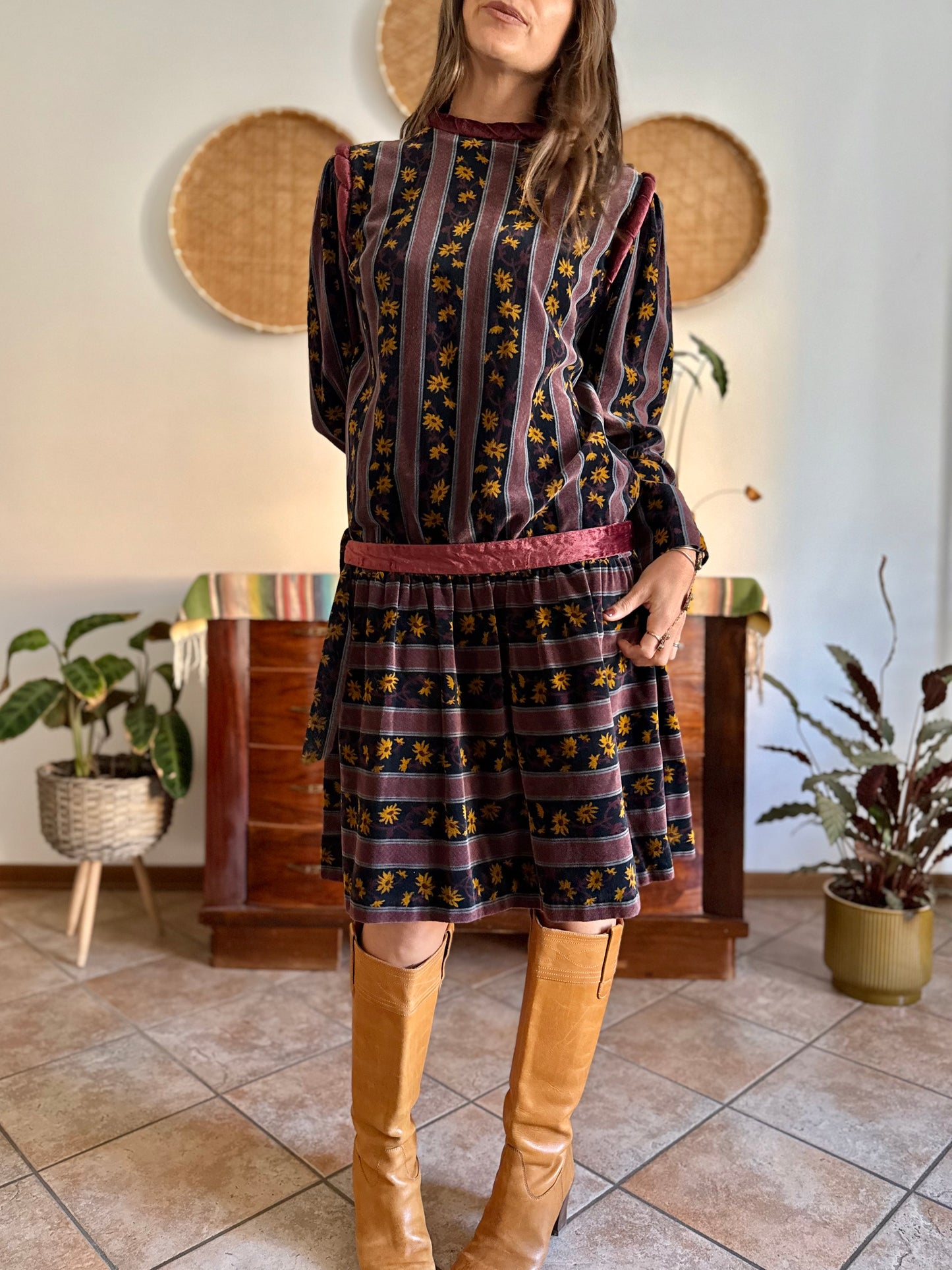 1970's vintage burgundy and black velvet drop waist dress with grey and mustard floral print