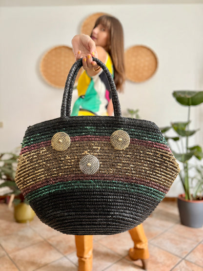 1970's vintage black, green and pink stripe Ratan hand bag with metallic detailing