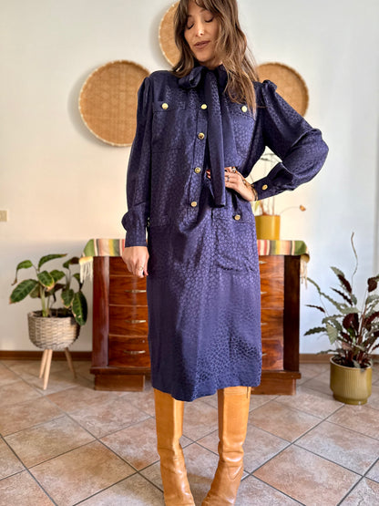 1970's vintage navy blue silk velvet midi dress with floral pattern