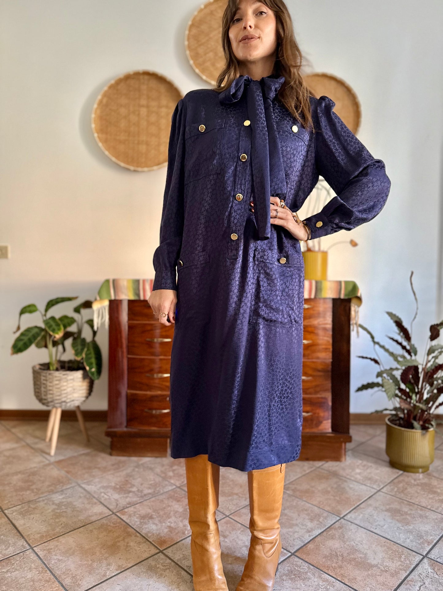 1970's vintage navy blue silk velvet midi dress with floral pattern