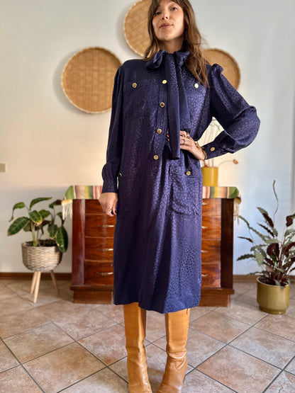 1970's vintage navy blue silk velvet midi dress with floral pattern