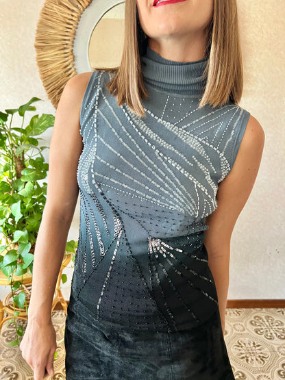 1990's vintage grey and black ombre turtleneck with glass bead details