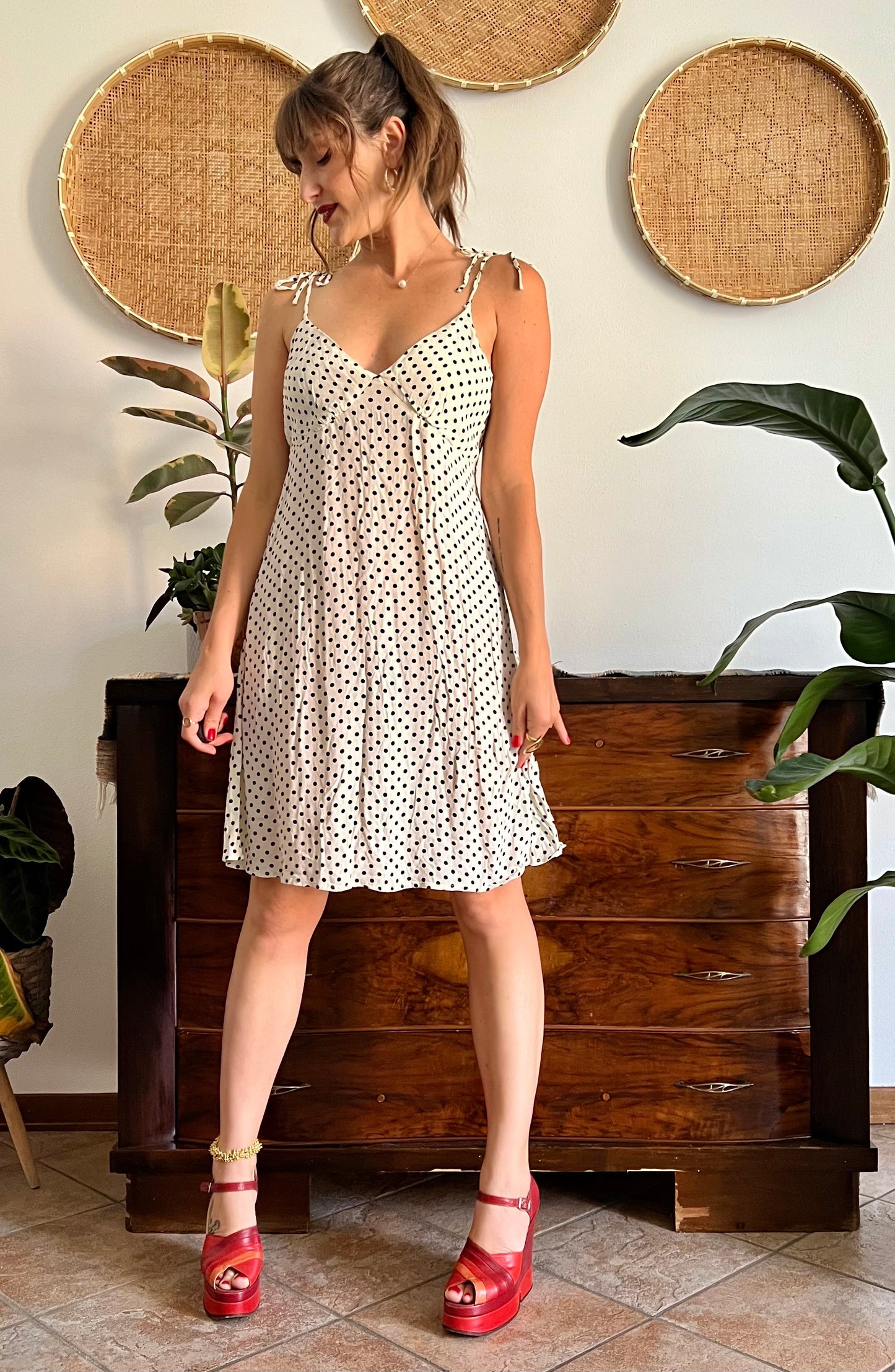 1990's vintage cream midi sun dress with black polkadots