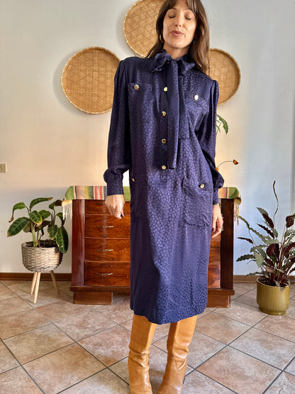 1970's vintage navy blue silk velvet midi dress with floral pattern