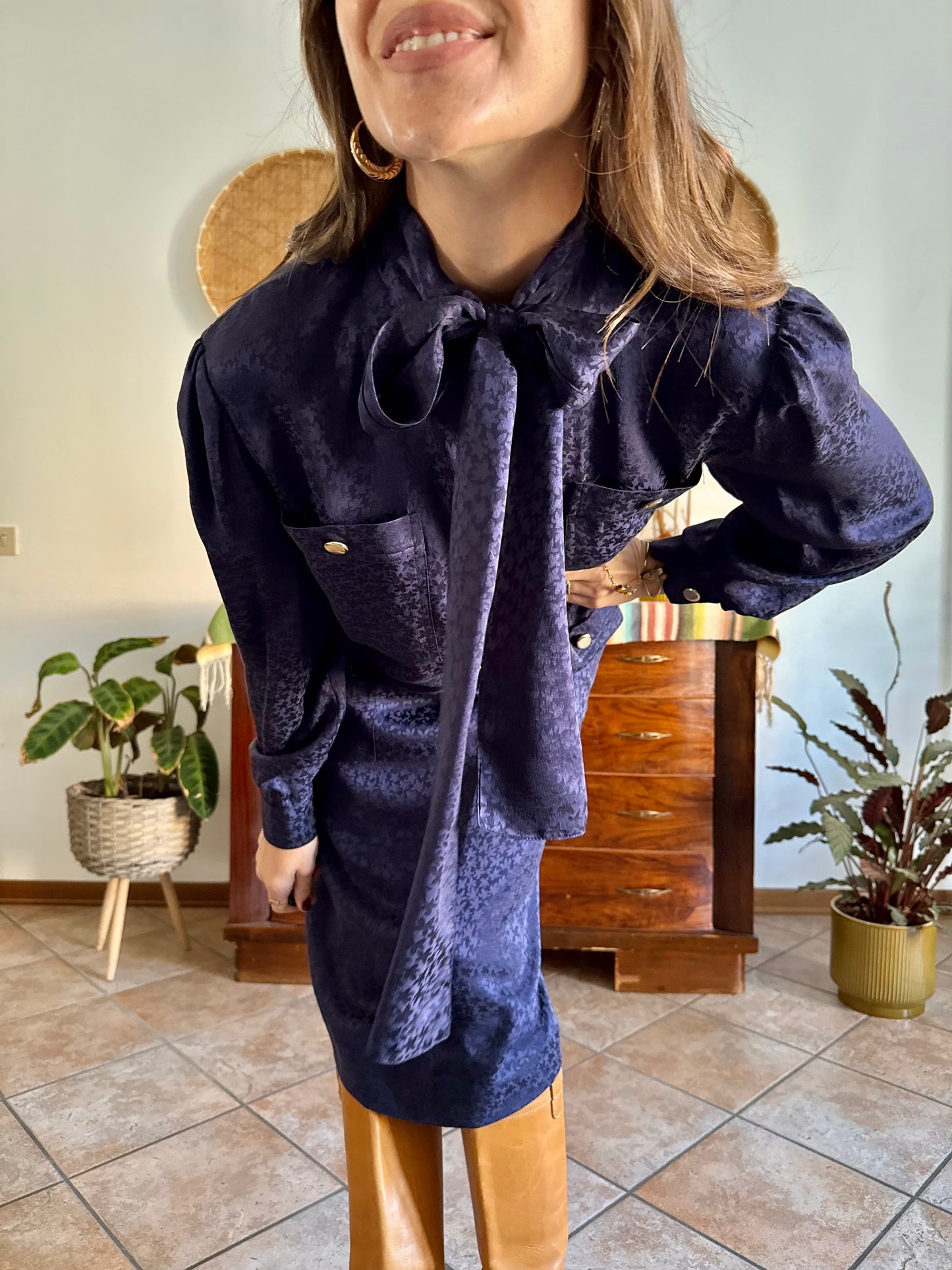 1970's vintage navy blue silk velvet midi dress with floral pattern