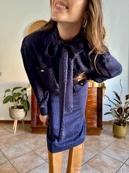 1970's vintage navy blue silk velvet midi dress with floral pattern