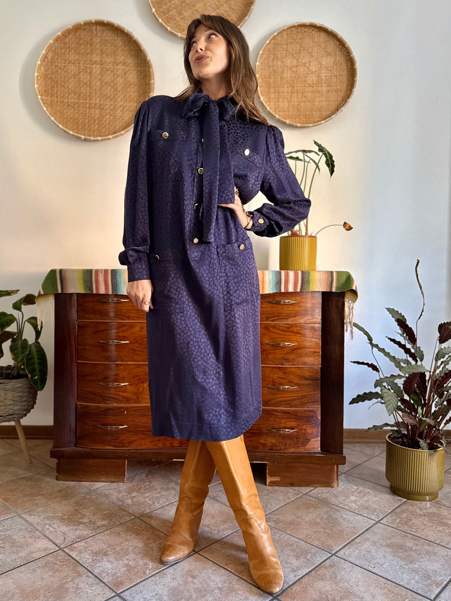 1970's vintage navy blue silk velvet midi dress with floral pattern