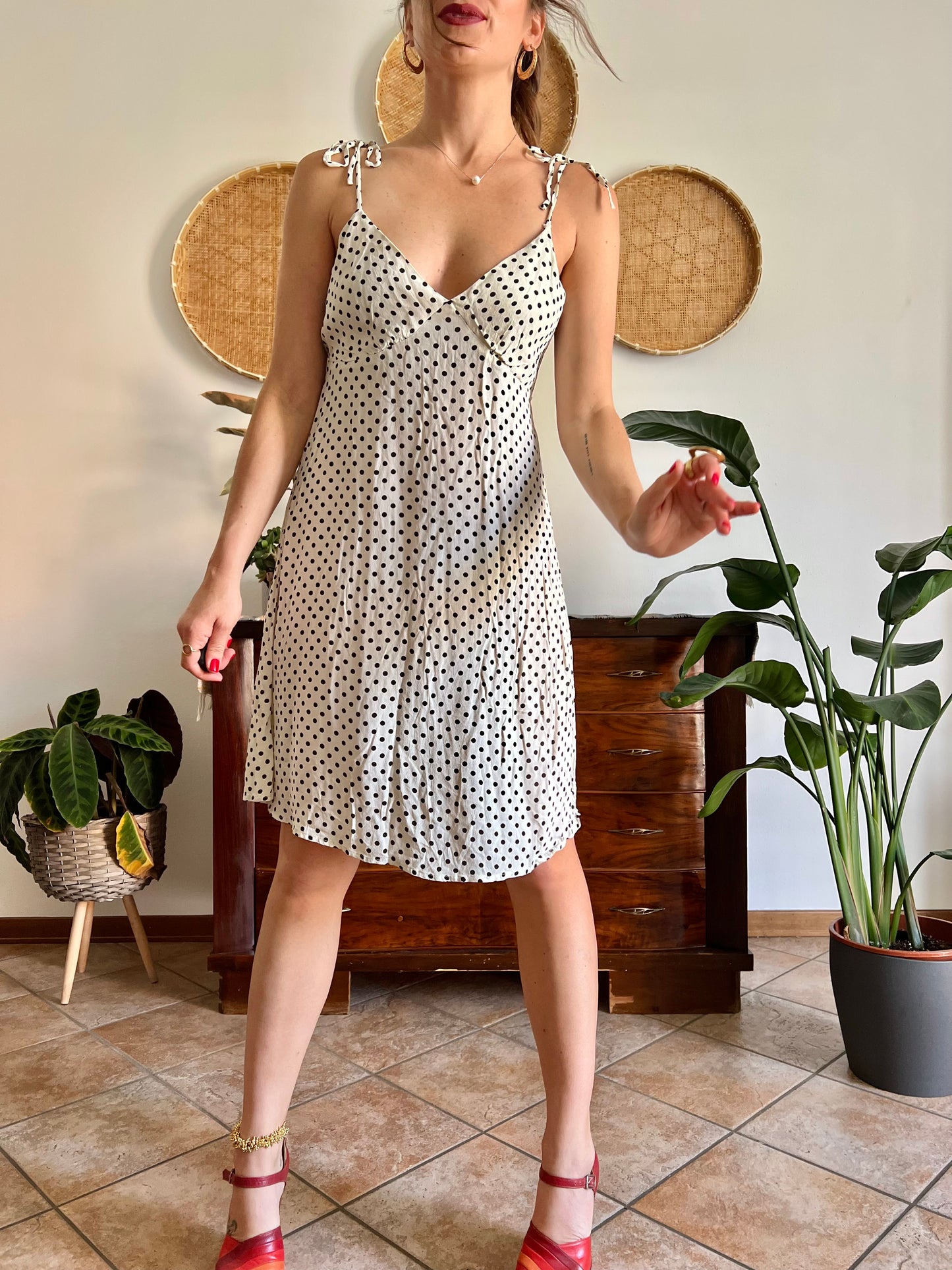 1990's vintage cream midi sun dress with black polkadots