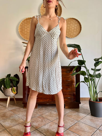1990's vintage cream midi sun dress with black polkadots