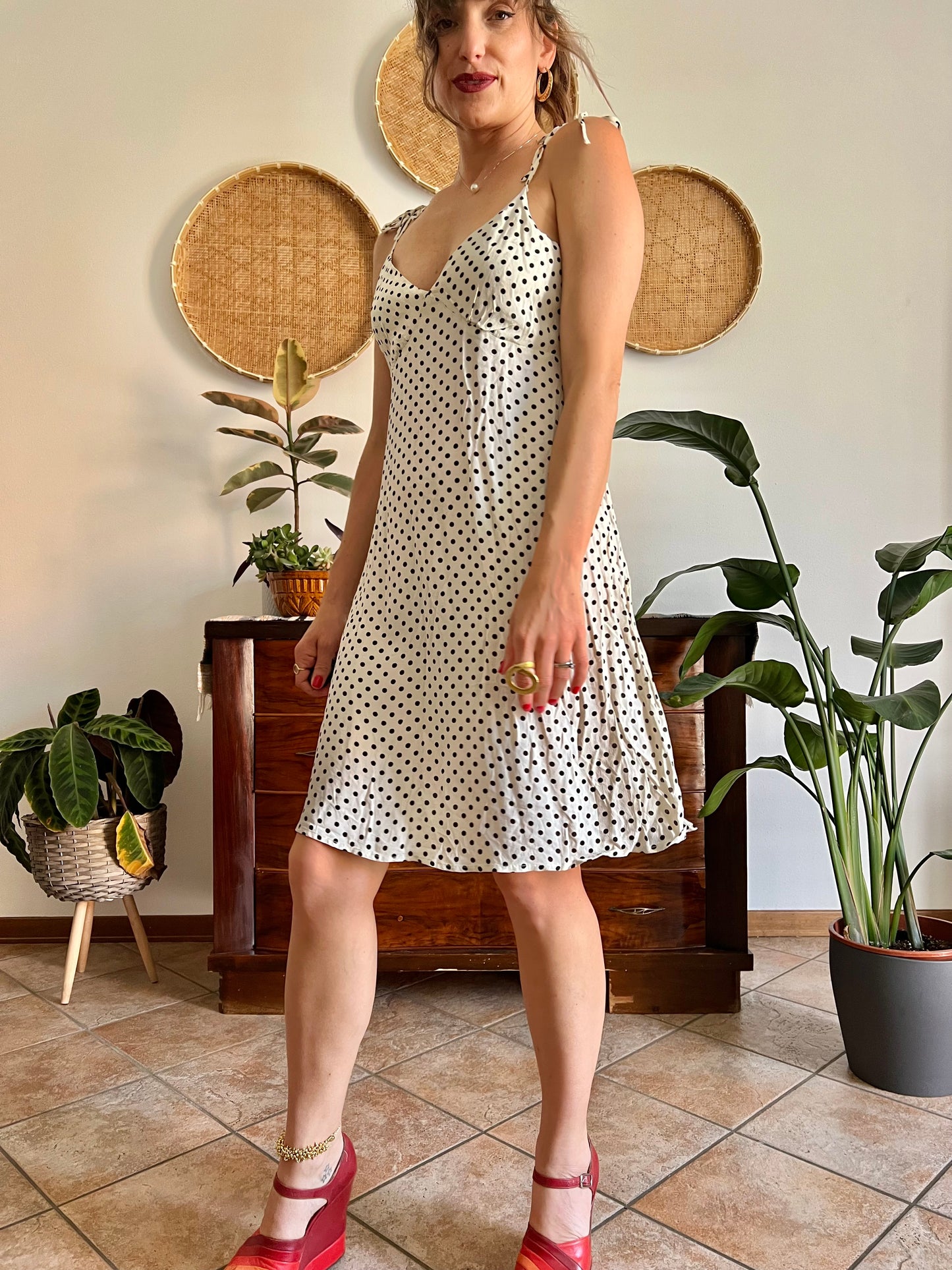 1990's vintage cream midi sun dress with black polkadots