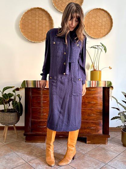 1970's vintage navy blue silk velvet midi dress with floral pattern