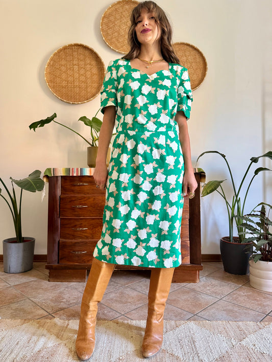 1960's vintage green, cream and beige floral print midi dress