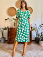 1960's vintage green, cream and beige floral print midi dress