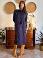 1970's vintage navy blue silk velvet midi dress with floral pattern