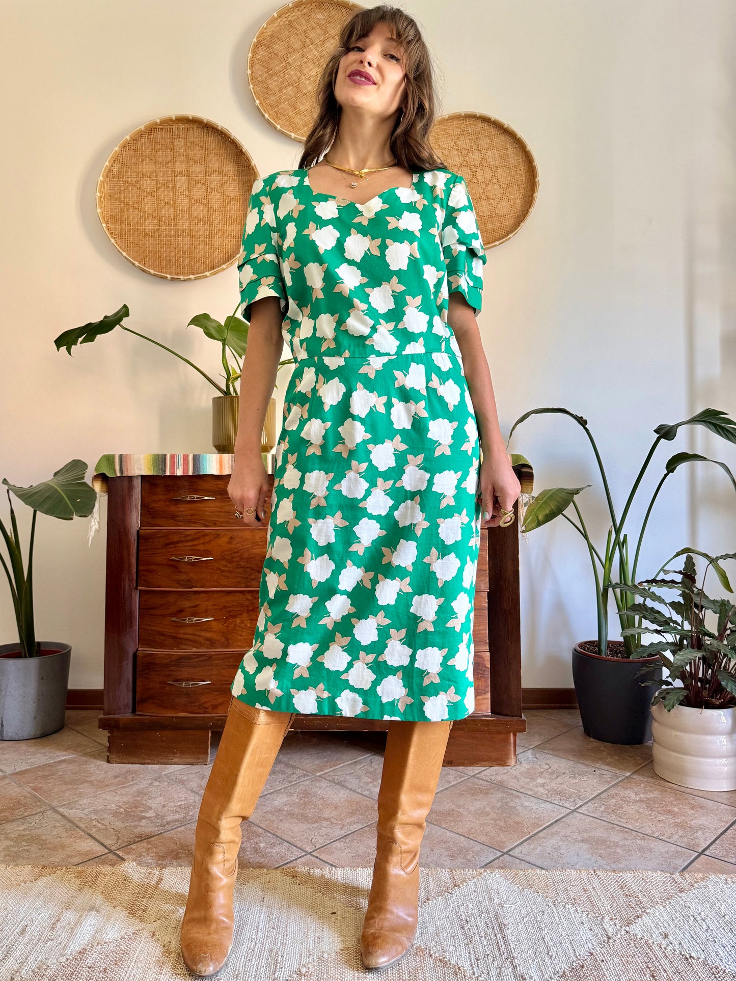1960's vintage green, cream and beige floral print midi dress