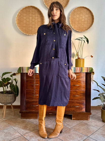 1970's vintage navy blue silk velvet midi dress with floral pattern