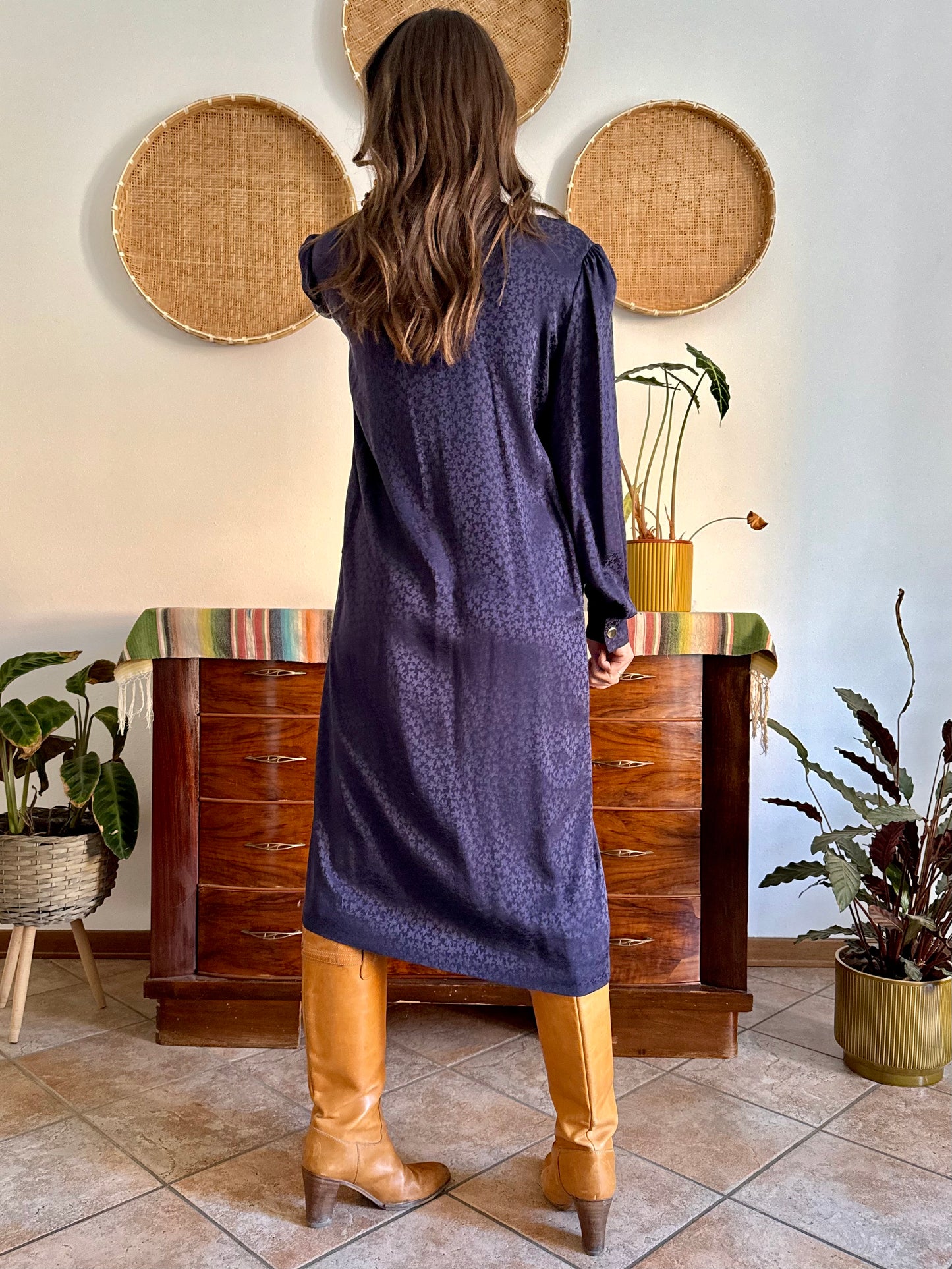 1970's vintage navy blue silk velvet midi dress with floral pattern