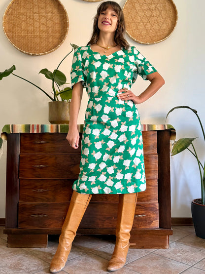 1960's vintage green, cream and beige floral print midi dress