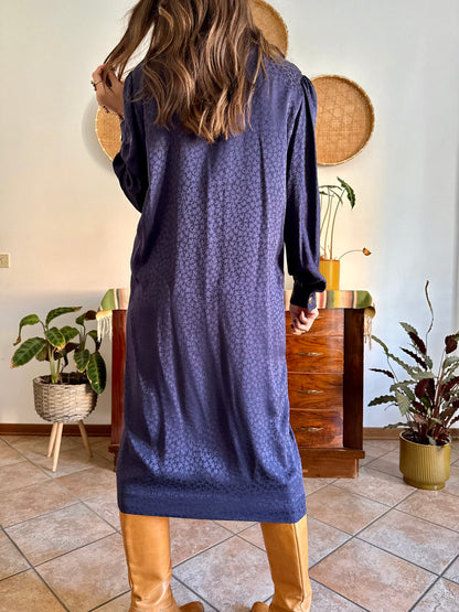 1970's vintage navy blue silk velvet midi dress with floral pattern