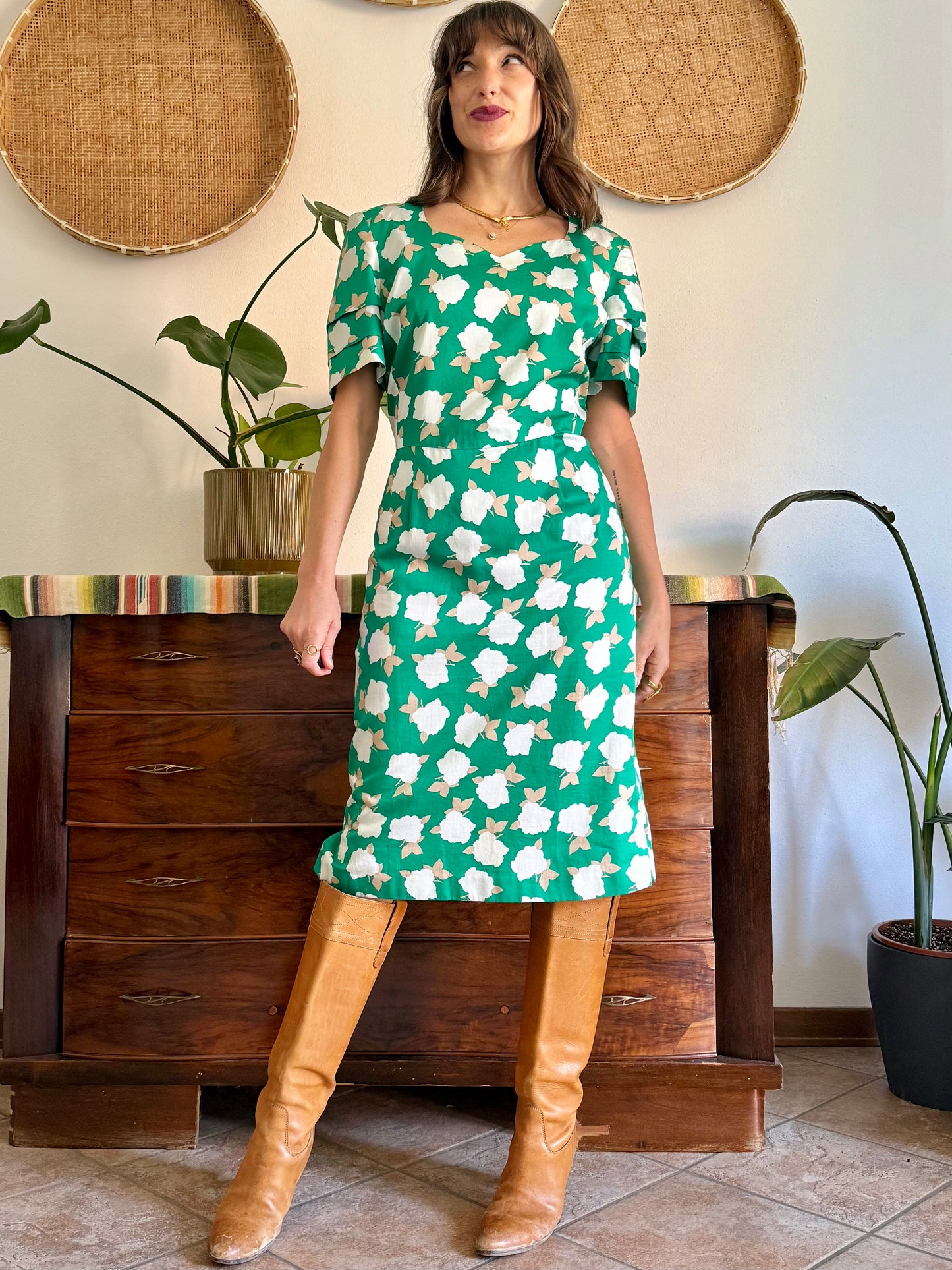 1960's vintage green, cream and beige floral print midi dress
