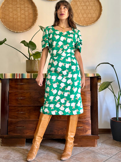 1960's vintage green, cream and beige floral print midi dress