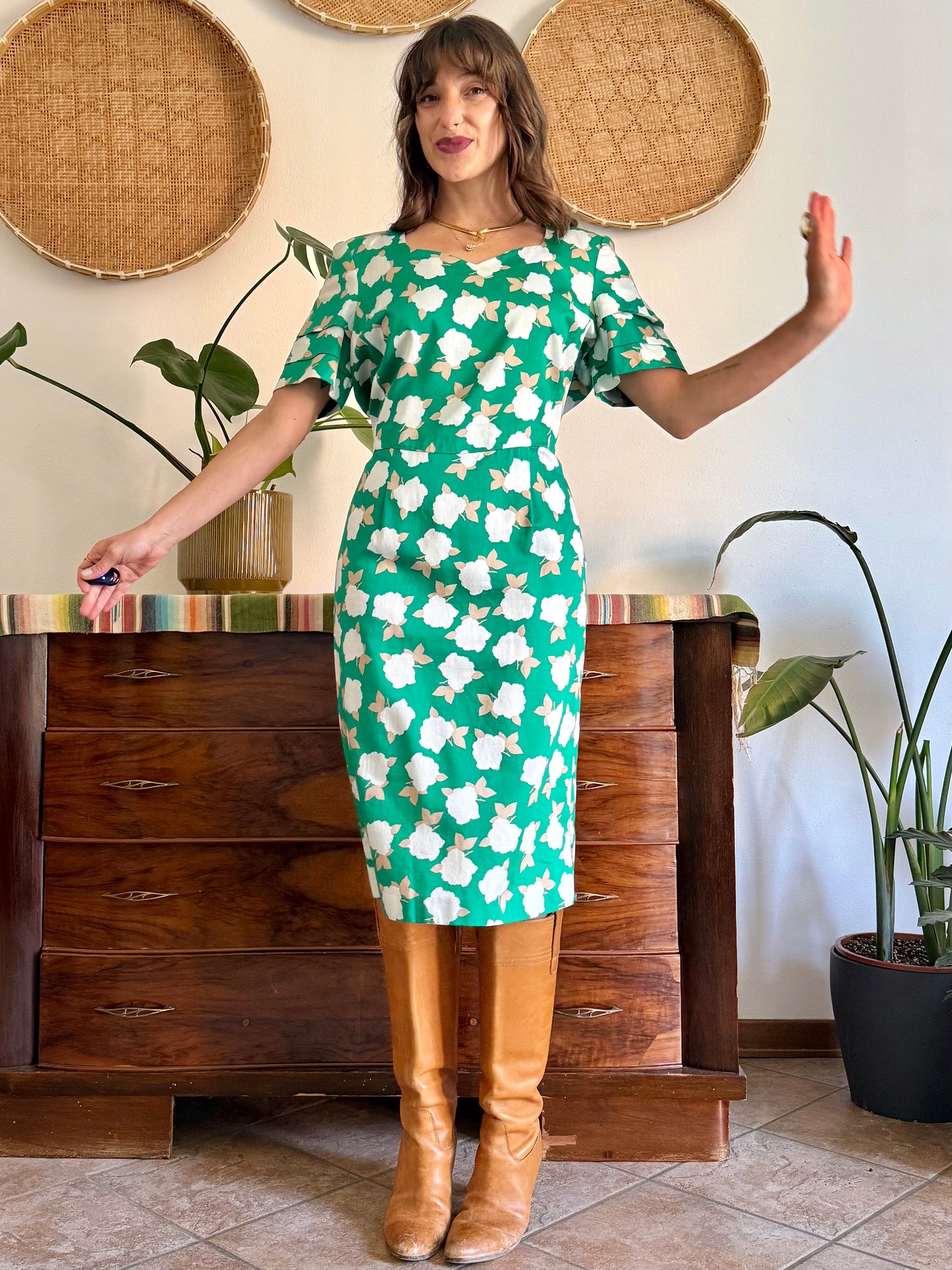 1960's vintage green, cream and beige floral print midi dress