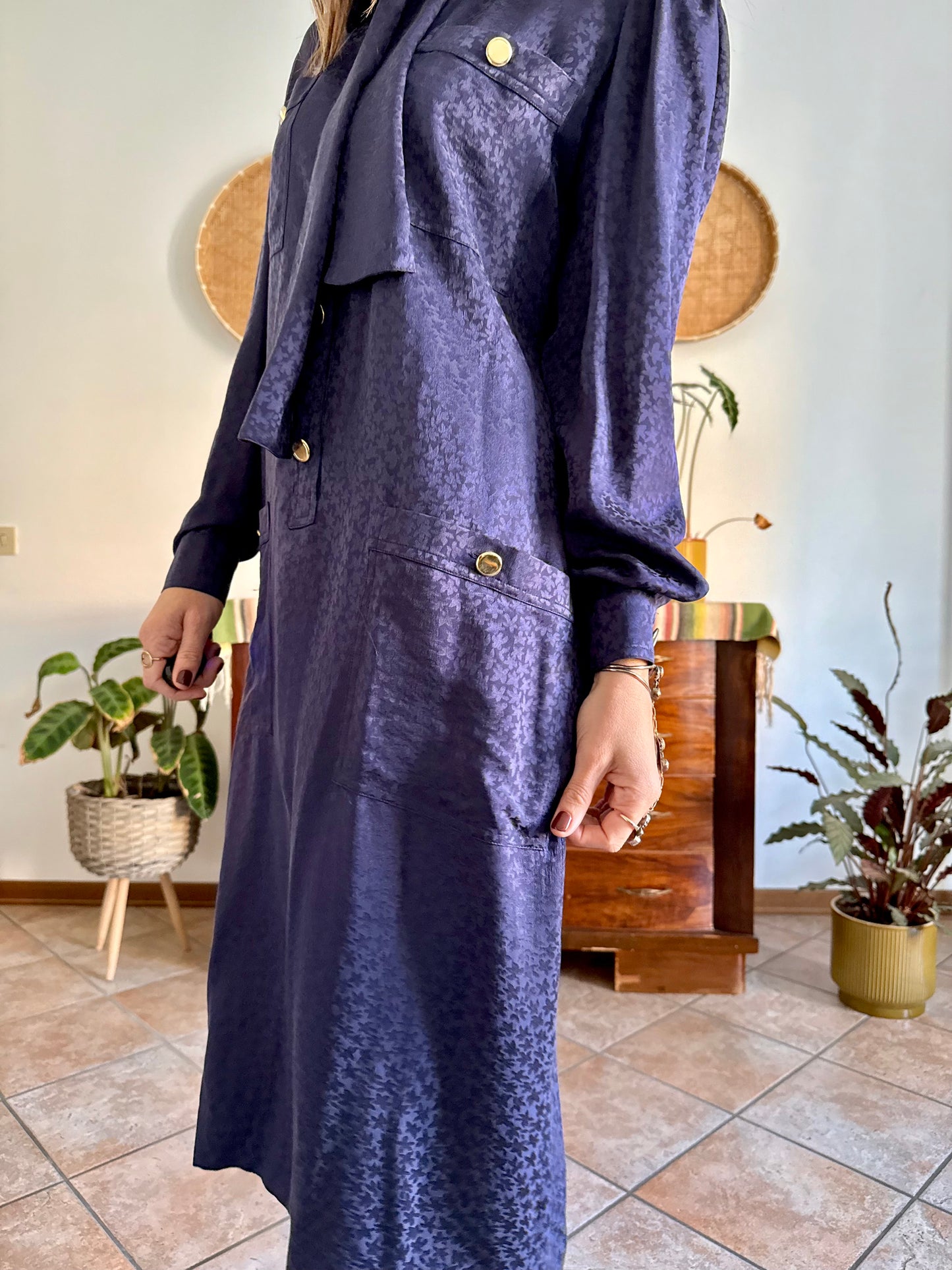 1970's vintage navy blue silk velvet midi dress with floral pattern