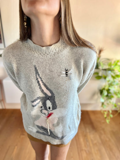 1980's vintage angora blend grey pullover with bunny rabbit