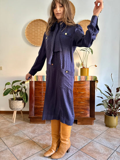 1970's vintage navy blue silk velvet midi dress with floral pattern