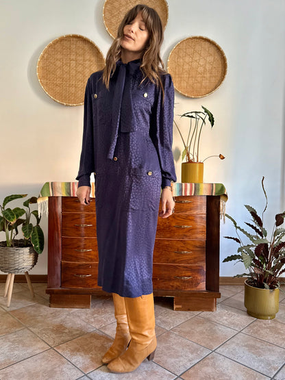 1970's vintage navy blue silk velvet midi dress with floral pattern