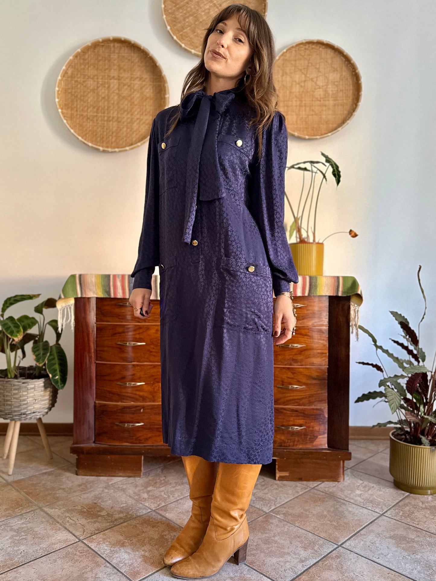 1970's vintage navy blue silk velvet midi dress with floral pattern