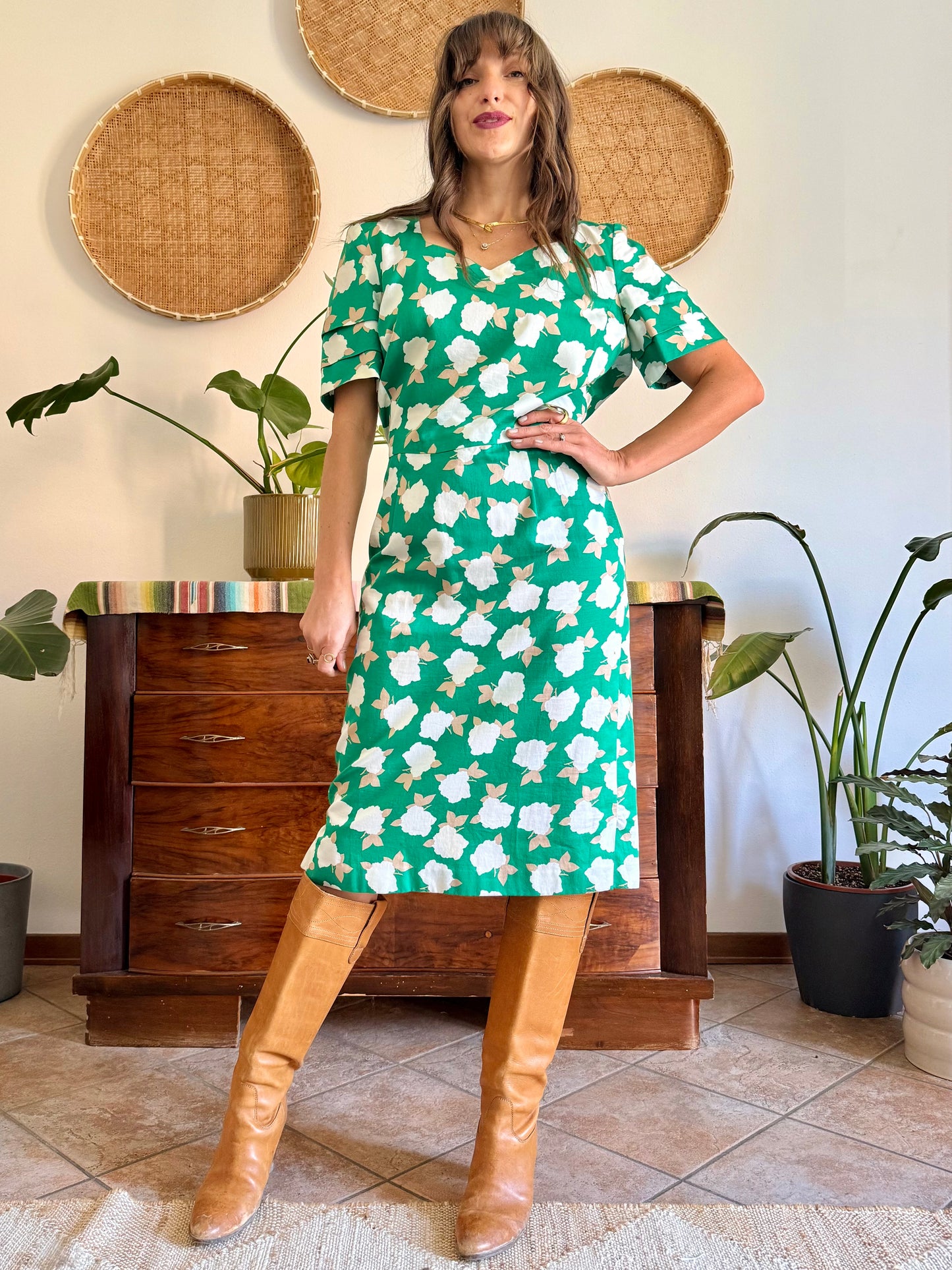 1960's vintage green, cream and beige floral print midi dress