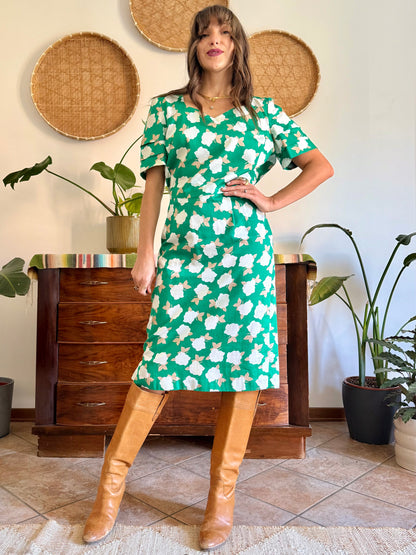 1960's vintage green, cream and beige floral print midi dress