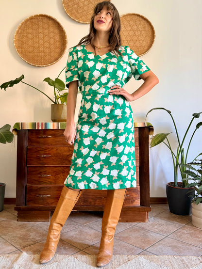 1960's vintage green, cream and beige floral print midi dress