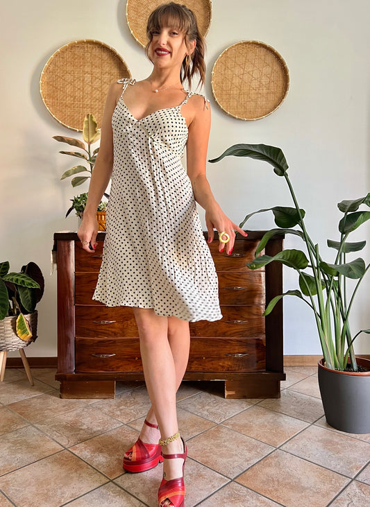1990's vintage cream midi sun dress with black polkadots
