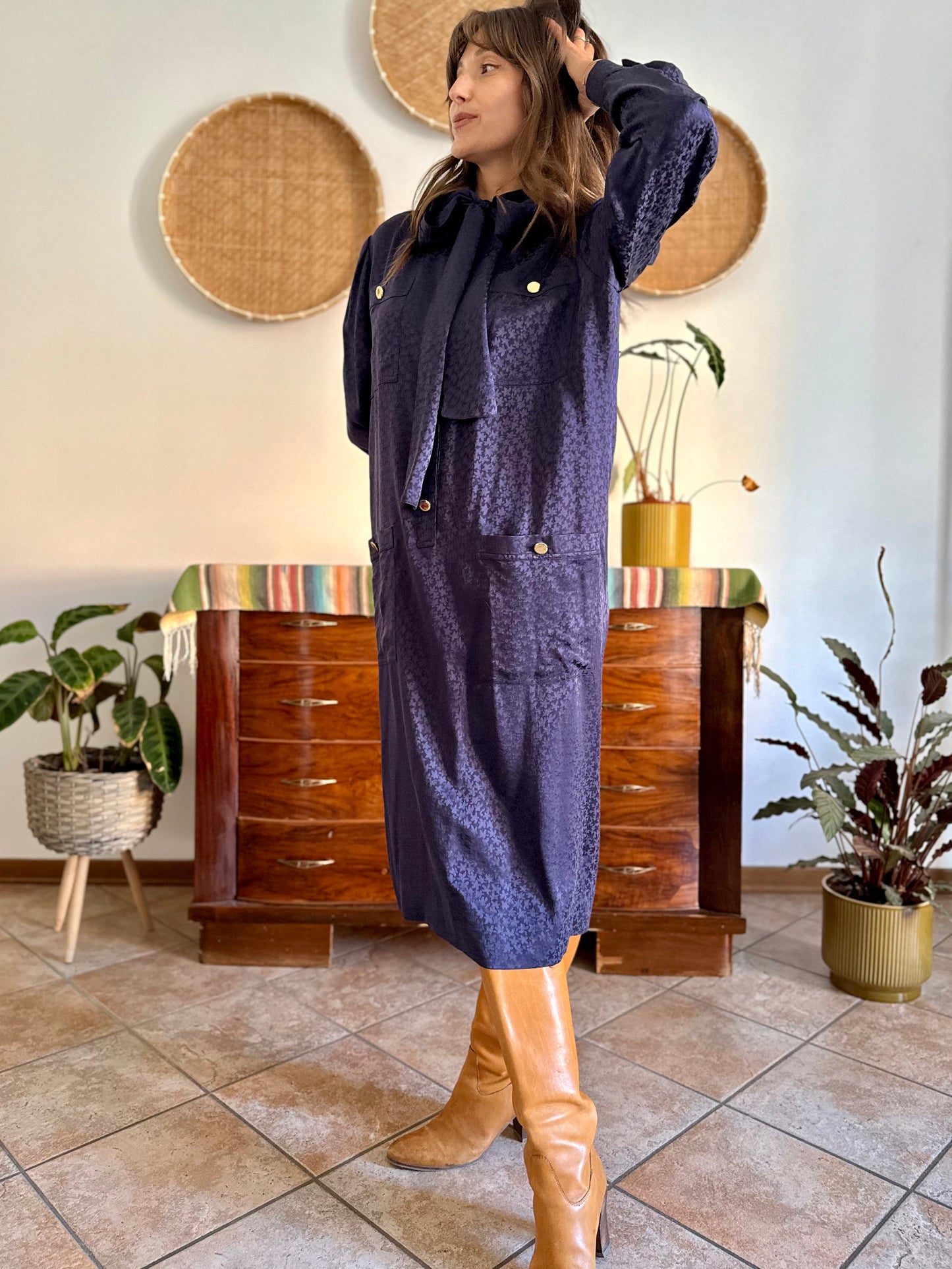 1970's vintage navy blue silk velvet midi dress with floral pattern