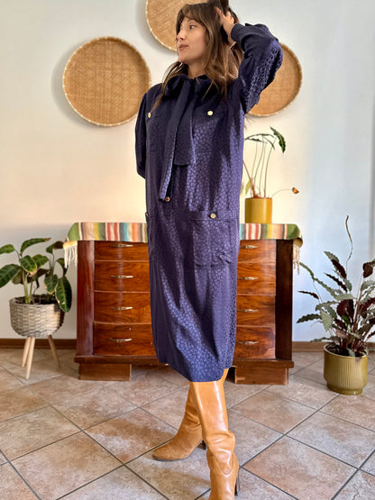 1970's vintage navy blue silk velvet midi dress with floral pattern