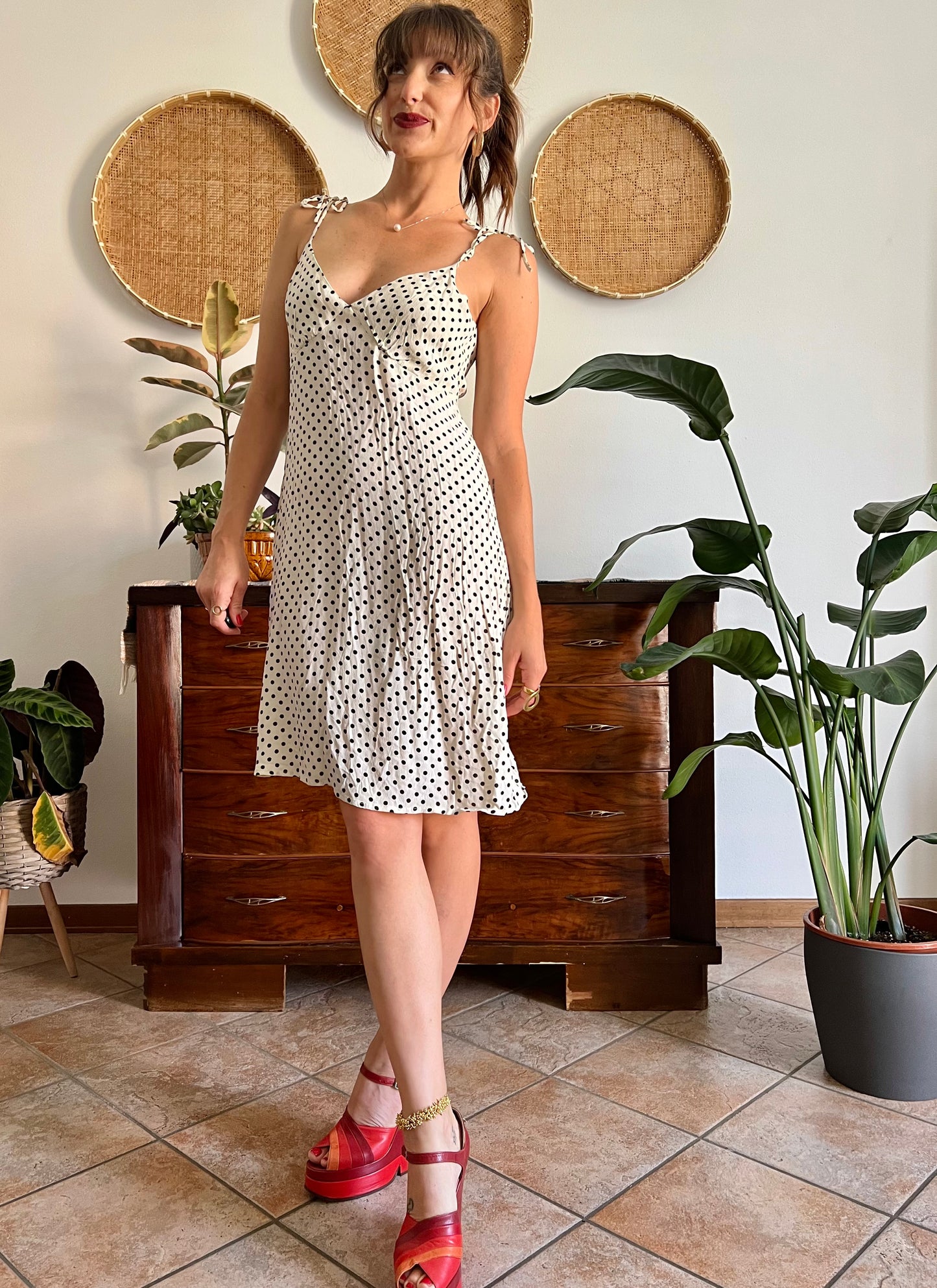 1990's vintage cream midi sun dress with black polkadots