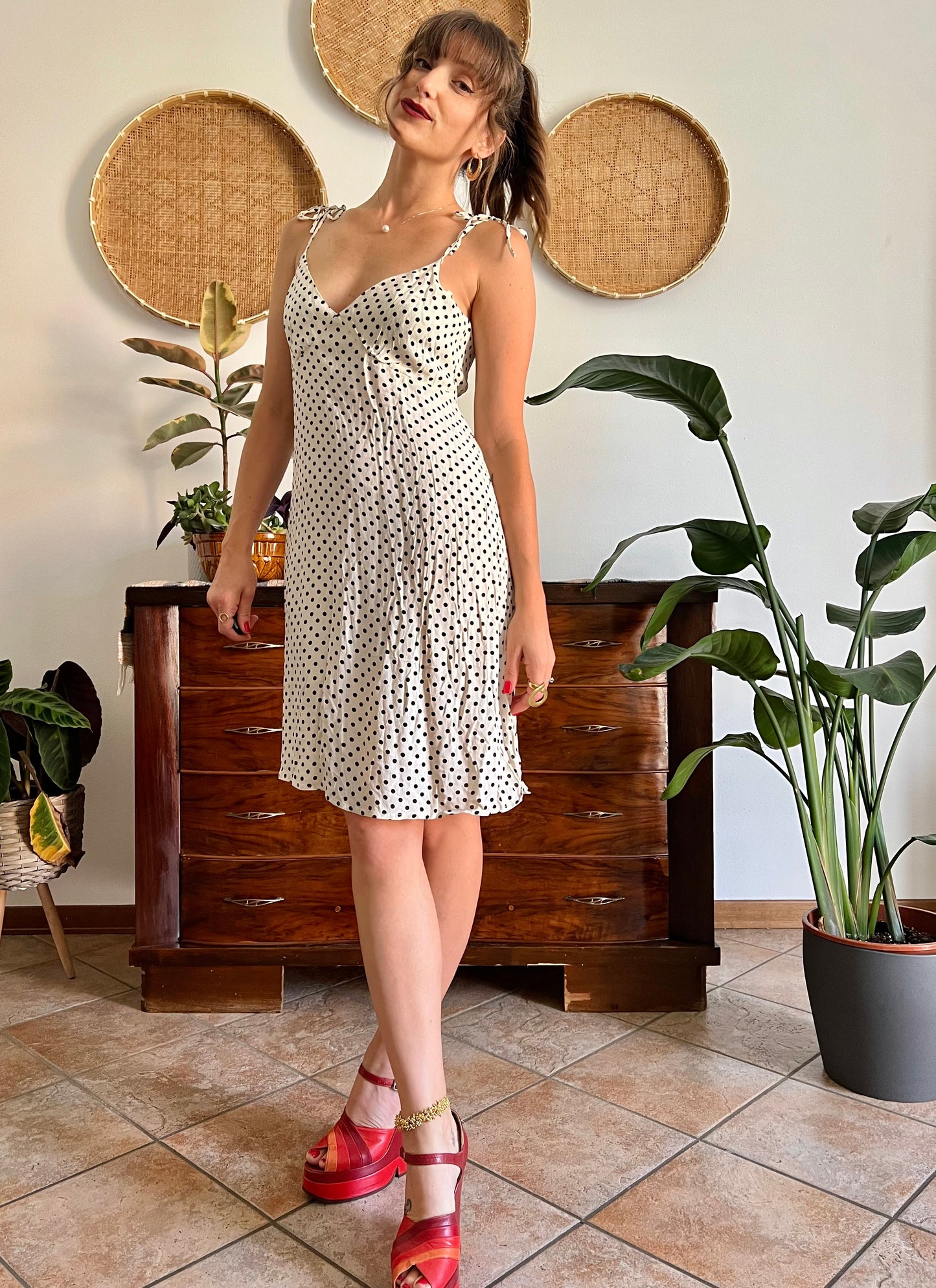 1990's vintage cream midi sun dress with black polkadots