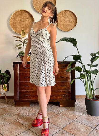 1990's vintage cream midi sun dress with black polkadots