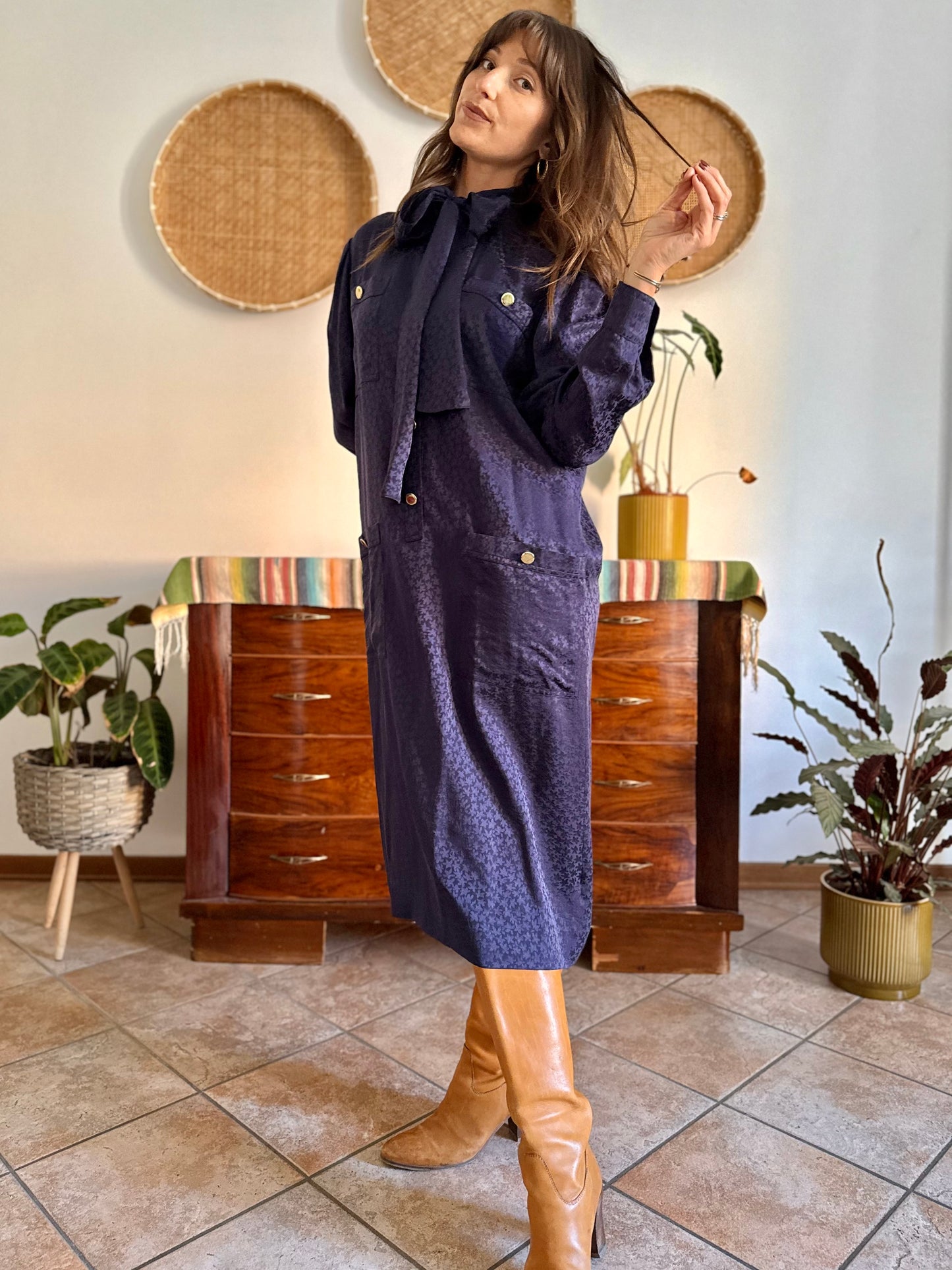 1970's vintage navy blue silk velvet midi dress with floral pattern